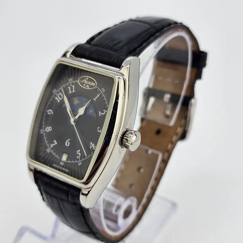 Buran Moonphase‎ Mechanical Watch 34MM Black Dial Leather Bands Limited Edition